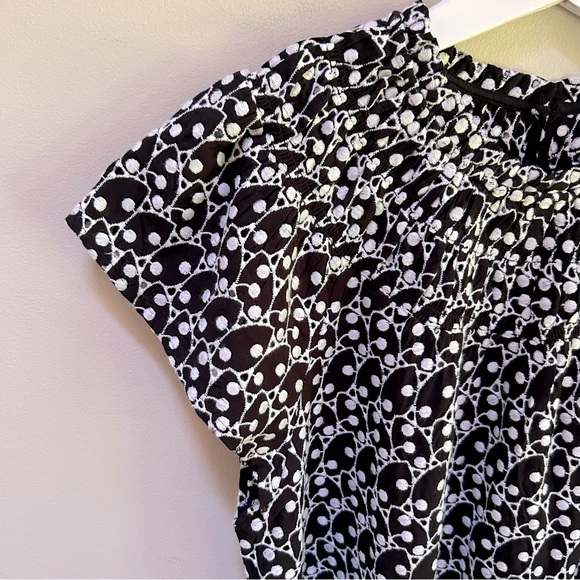 Loft ~ Embroidered Eyelet High Ruffle Neck Smocked Short Sleeve Top in Medium - Picture 4 of 13